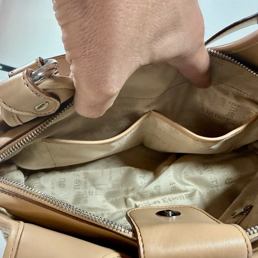 Etienne Aigner Paisley Canvas Leather Shoulder Bag Satchel‎ Tan Cream